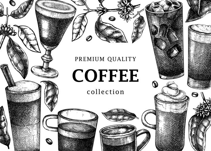 Hand-sketched coffee banner template. Vector sketches of mugs with aromatic caffeine drinks. With botanical coffee plants, leaves and beans in vintage style. Vector beverages design